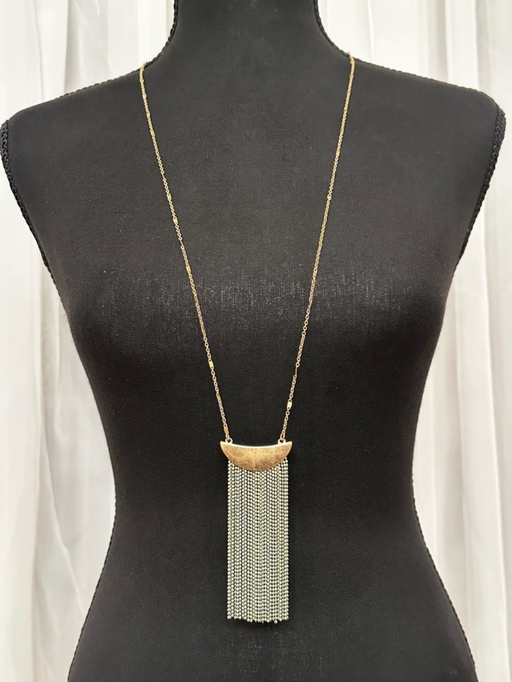 Brushed Gold Tone Long Statement Necklace